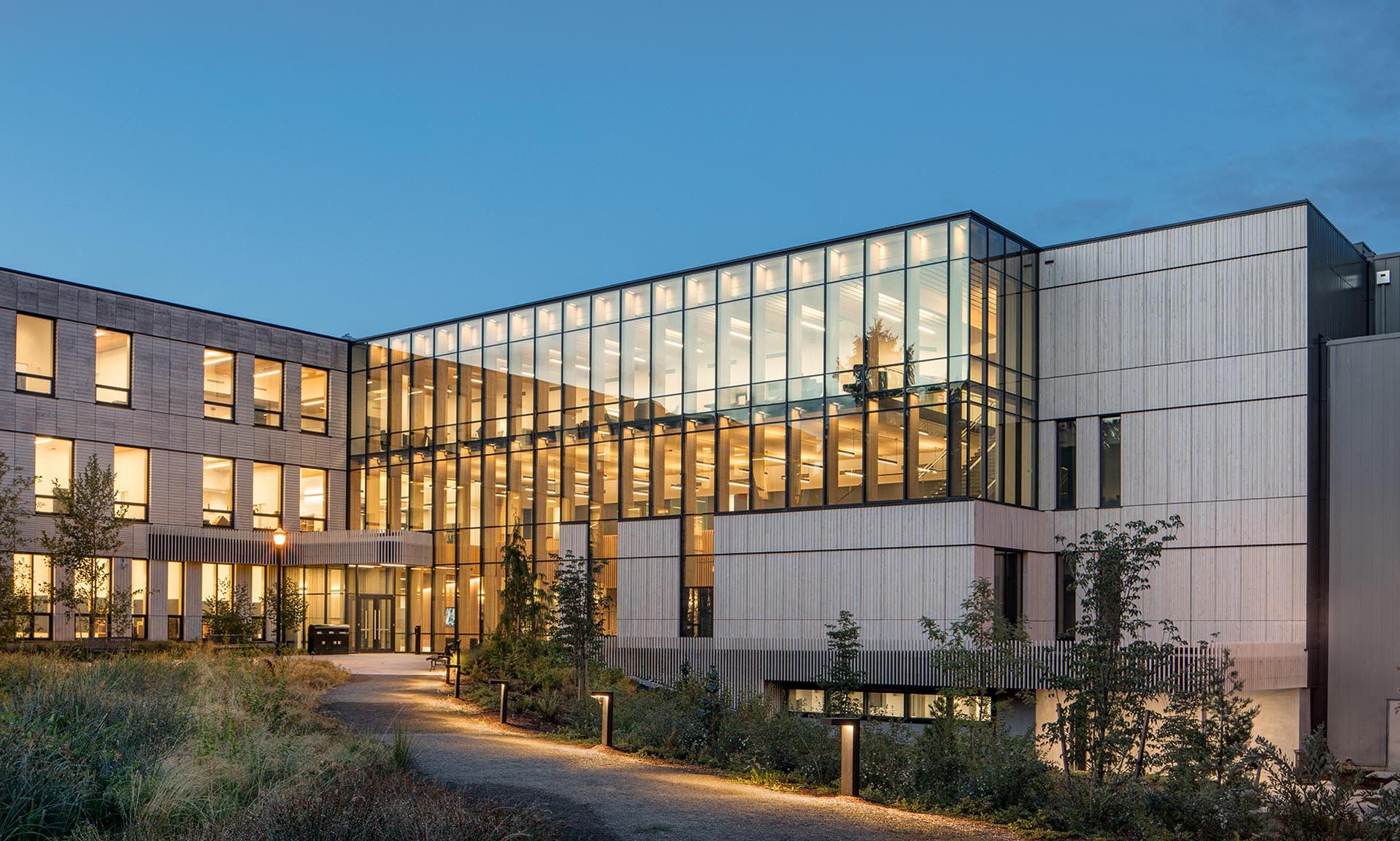 Oregon State University Forest Science Complex exterior lit up